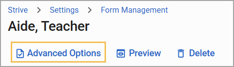 Settings menu showing options for managing forms, including advanced options, preview, and delete.